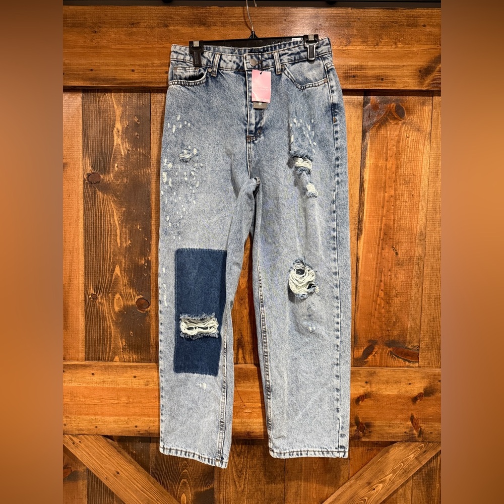 Pretty Little Thing PLT Petite Wide Leg Distressed Boyfriend‎ Jeans NWT Size 12